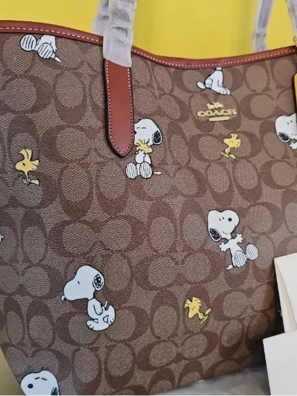 COACH Brown Snoopy & Woodstock Signature Canvas Tote with Yellow Tag - Picture 5 of 5